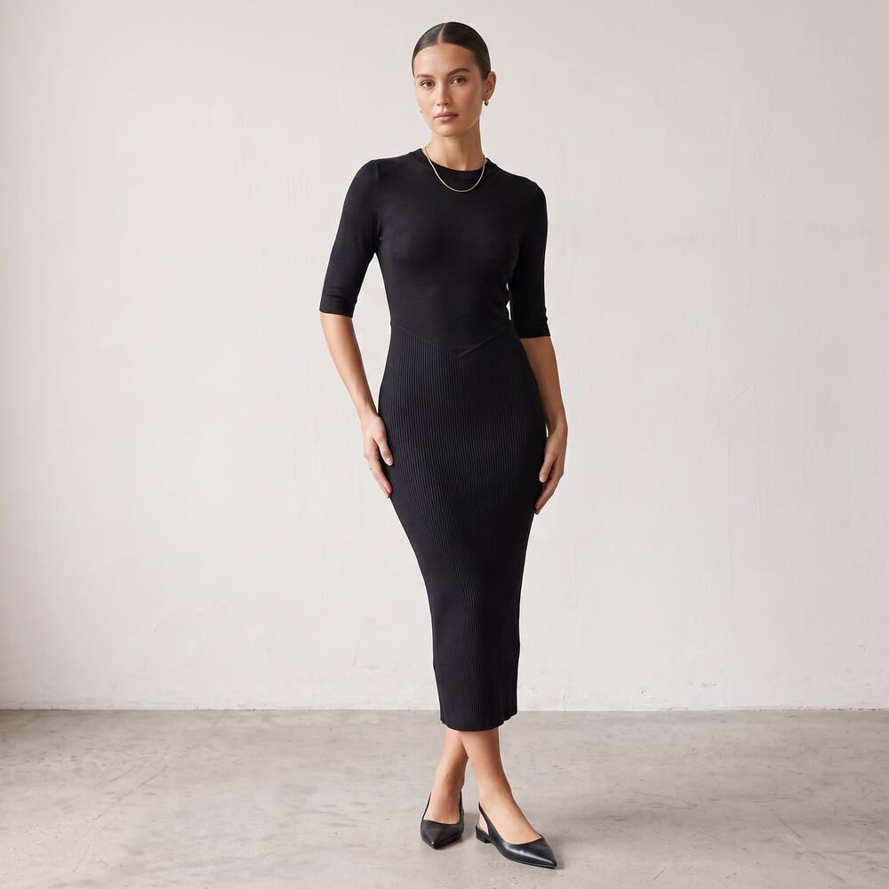 H&M LBD Little Black Stretch Knit Ribbed Bodycon Midi Dress Half Sleeve XS